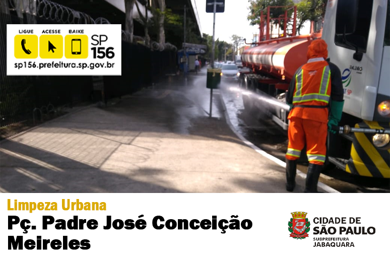  Imagem com funcionários da Prefeitura da Cidade de São Paulo utilizando o uniforme na cor laranja fazendo a higienização da via prevenido todos do COVID-19.